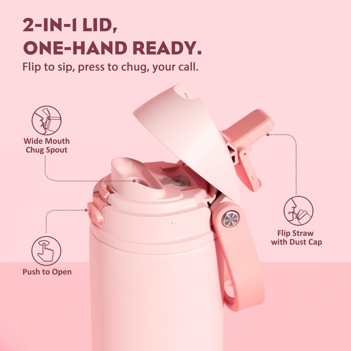 24 oz Insulated Stainless Steel Water Bottle for Outdoors, Push-Button Spout & Quick-Flip Straw, Leak-Proof, Cold 24H, Car Cup Holder Friendly, Midnight Black, Travel, Hiking, School