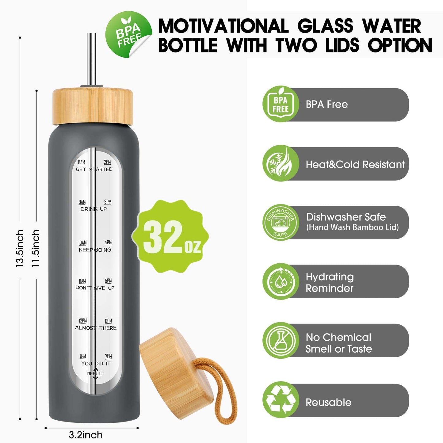 32 oz Glass Water Bottle with Straw, Motivational Time Marker, Silicone Sleeve, Reusable Tumbler with 2 Bamboo Lids and Fruit Infuser, 1 Pack