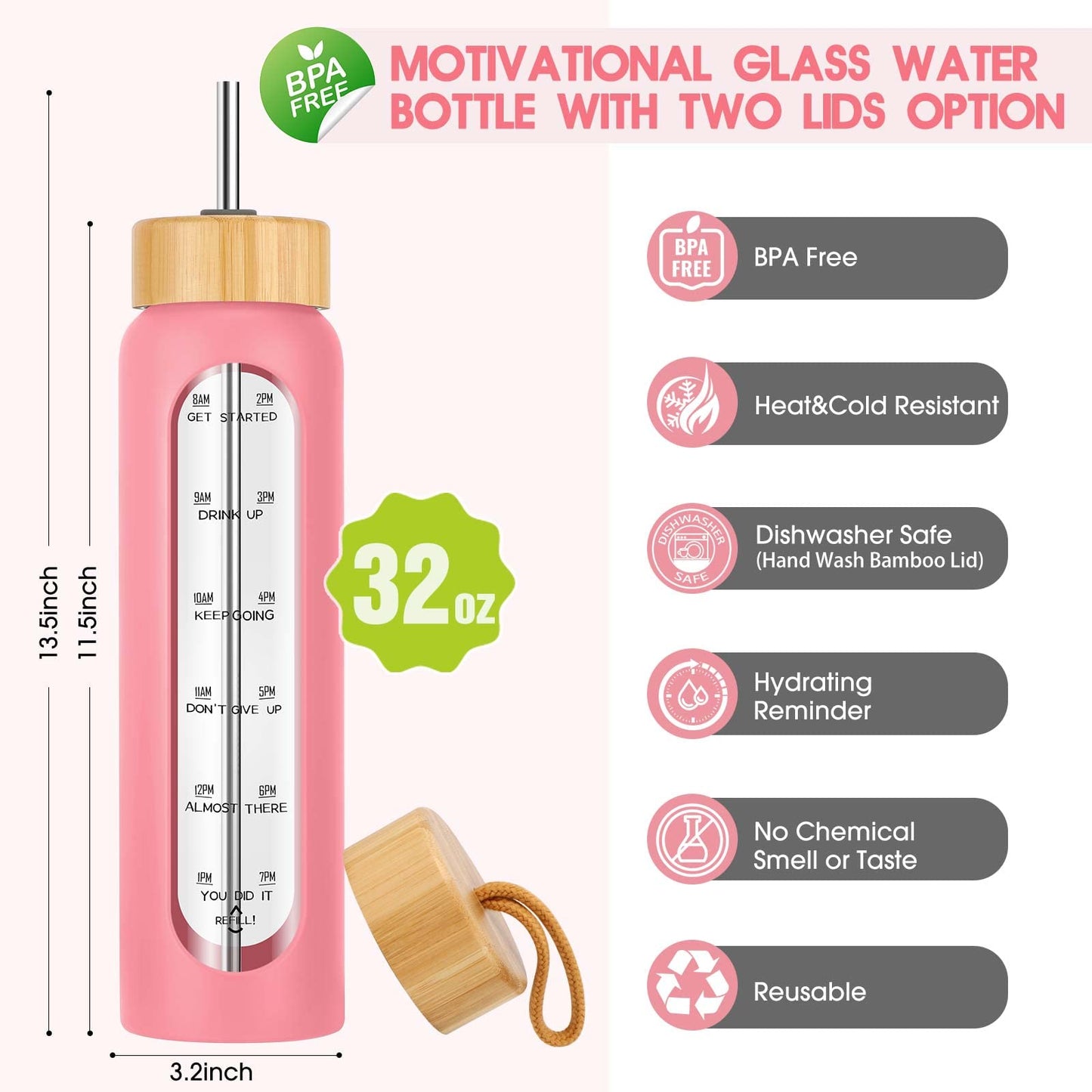 32 oz Glass Water Bottle with Straw - Motivational Time Marker & Silicone Sleeve - Reusable Tumbler Includes 2 Bamboo Lids & Fruit Infuser - 1 Pack