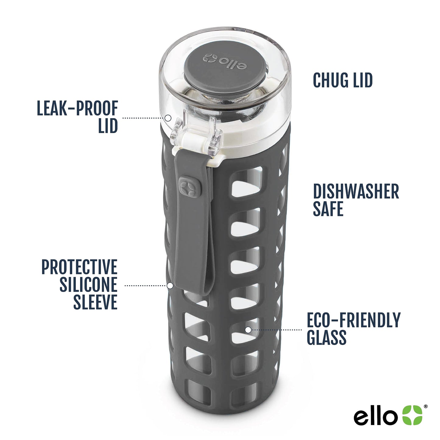 20 oz Ello Syndicate Glass Water Bottle with One-Touch Flip Lid, Grey