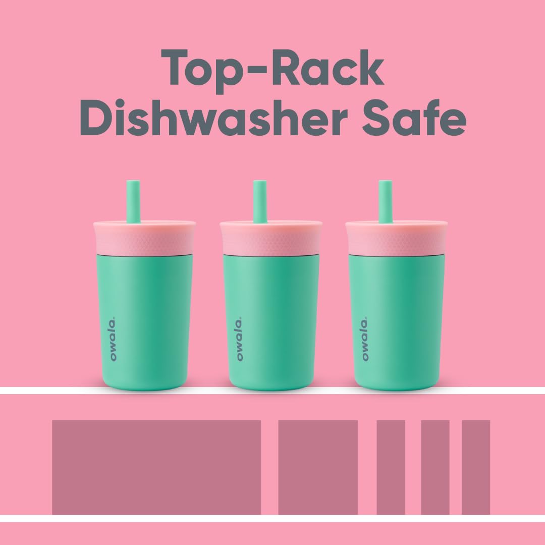 12 oz Owala Kids Stainless Steel Insulated Tumbler with Spill-Resistant Flexible Straw, Easy to Clean, Dishwasher Safe, Pink & Teal, Real Cool Fish, Travel Water Bottle
