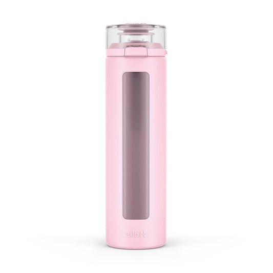 20 oz Ello Syndicate Reusable Glass Water Bottle with One-Touch Leak-Proof Flip Lid, Non-Slip Silicone Sleeve, Carry Loop, BPA-Free, Dishwasher Safe, Cashmere Pink