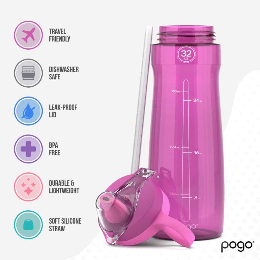 Pogo Plastic Water Bottle with Straw Lid and Carry Handle, Reusable, BPA-Free, Dishwasher Safe, Travel, School, Outdoors, Gym, 32 oz & 40 oz