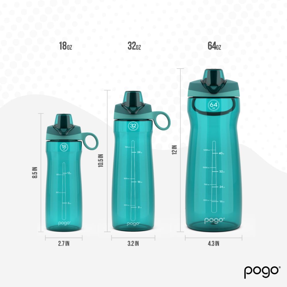 Pogo Plastic Water Bottle with Chug Lid and Carry Handle, Reusable, BPA-Free, Dishwasher Safe, Travel, School, Outdoors, Gym, 18 oz, 32 oz, 40 oz, 64 oz