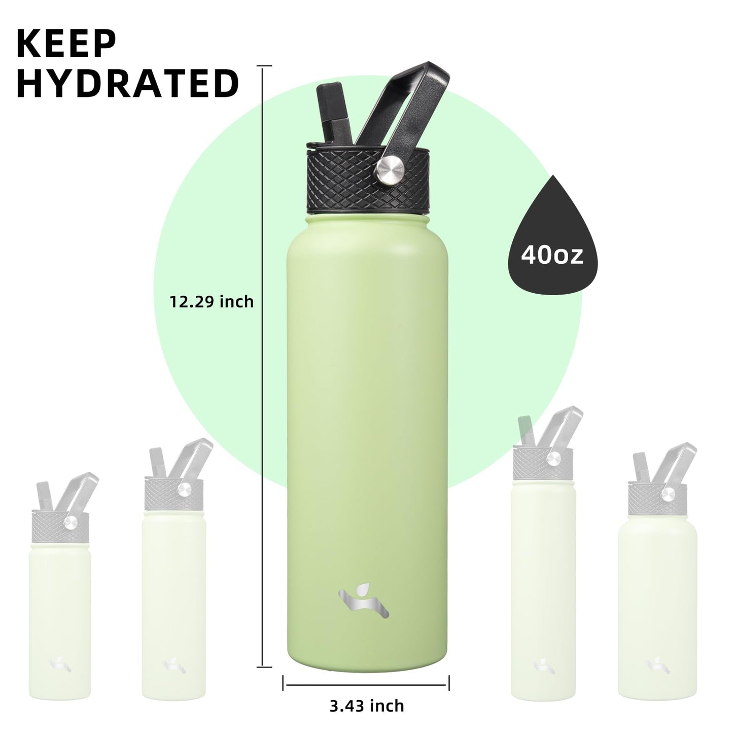 40 oz Stainless Steel Insulated Water Bottle with 3 Lids, Reusable Sports Bottle, Double Wall Vacuum Flask, Macaron Green