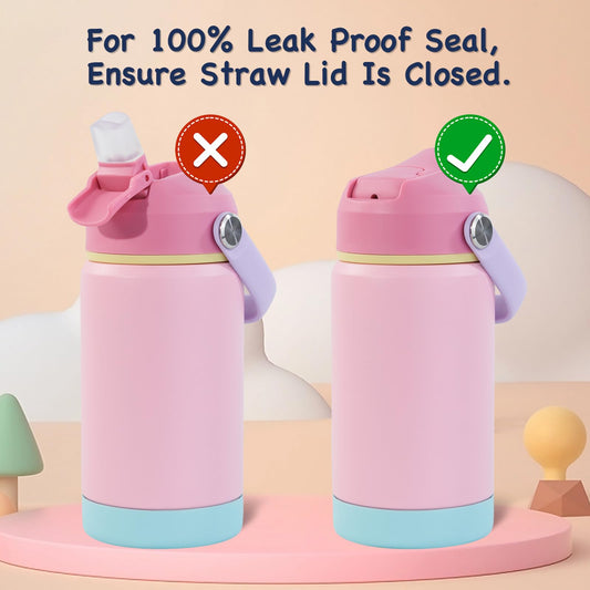 12 oz Kerilyn Kids Stainless Steel Insulated Water Bottle with Straw, Leak-Proof, BPA-Free, Pink, School Toddler Cup for Boys & Girls