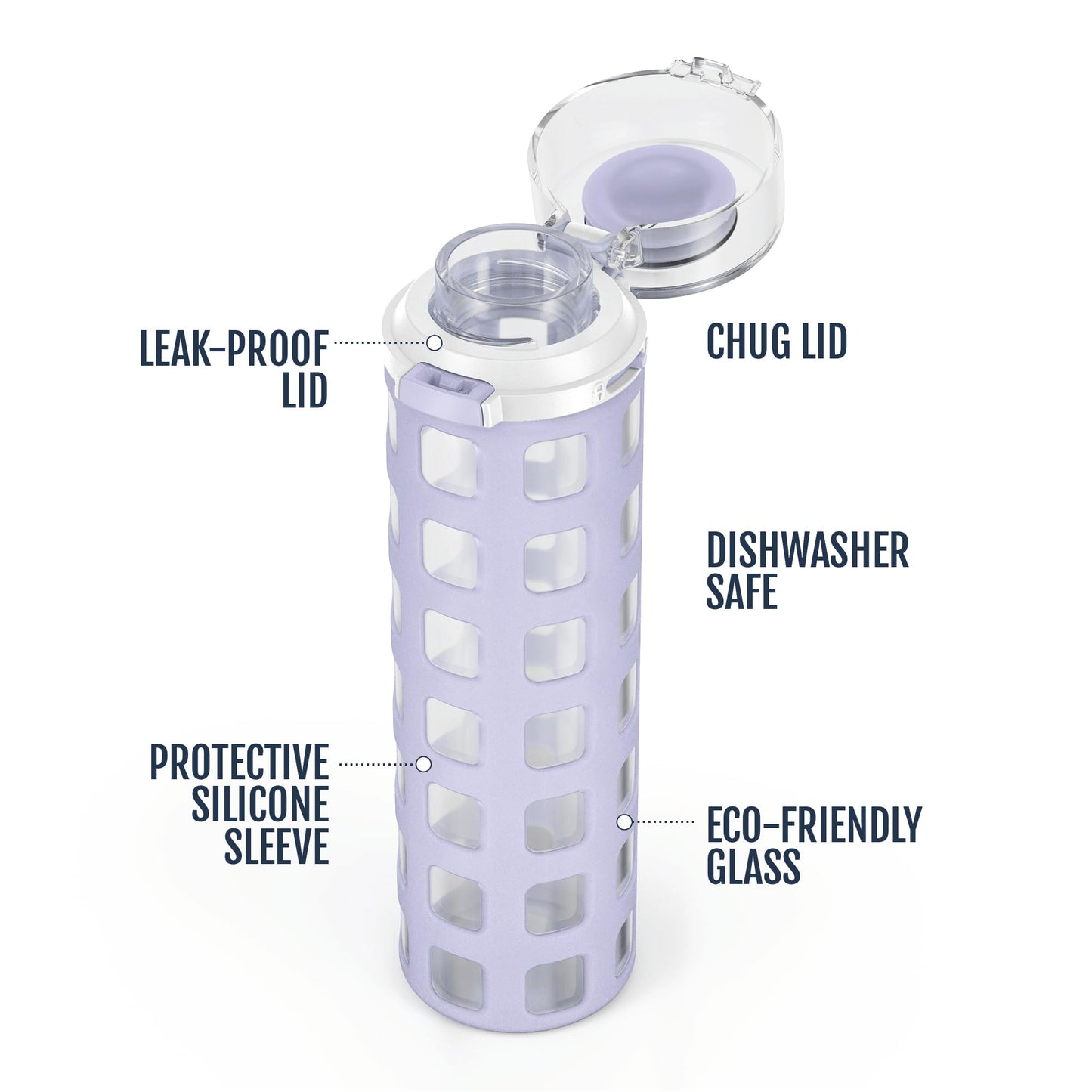 20 oz Ello Syndicate Reusable Glass Water Bottle with One-Touch Leak-Proof Flip Lid, Non-Slip Silicone Sleeve, Carry Loop, BPA-Free, Dishwasher Safe, Celeste