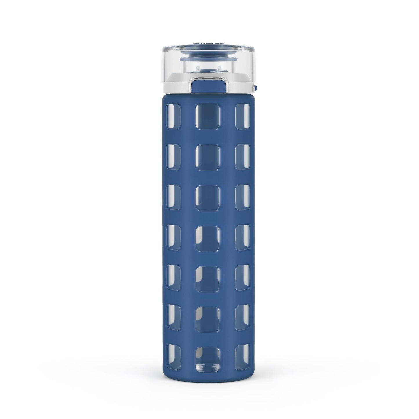 20 oz Ello Syndicate Reusable Glass Water Bottle with One-Touch Leak-Proof Flip Lid, Non-Slip Silicone Sleeve, Carry Loop, BPA-Free, Dishwasher Safe, Bold Blue