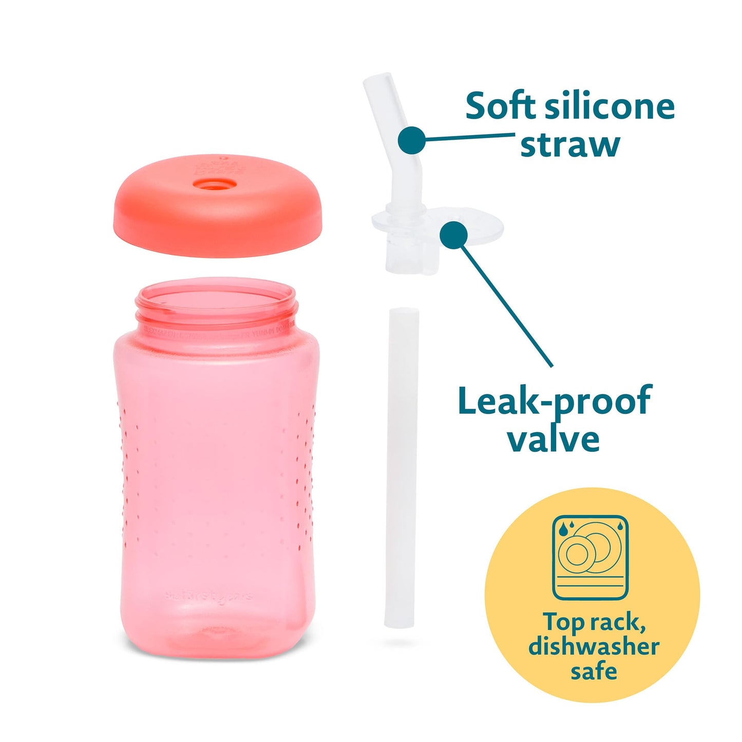 3 Pack 7 oz The First Years Squeeze & Sip Toddler Straw Cups, Squeezable Transition Sippy Cups with Silicone Straw, Blue, Yellow, Red, Ages 6 Months+