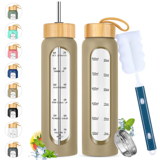 32 oz Glass Water Bottle with Straw, Motivational Time Marker, Silicone Sleeve, Reusable Tumbler with 2 Bamboo Lids and Fruit Infuser, 1 Pack