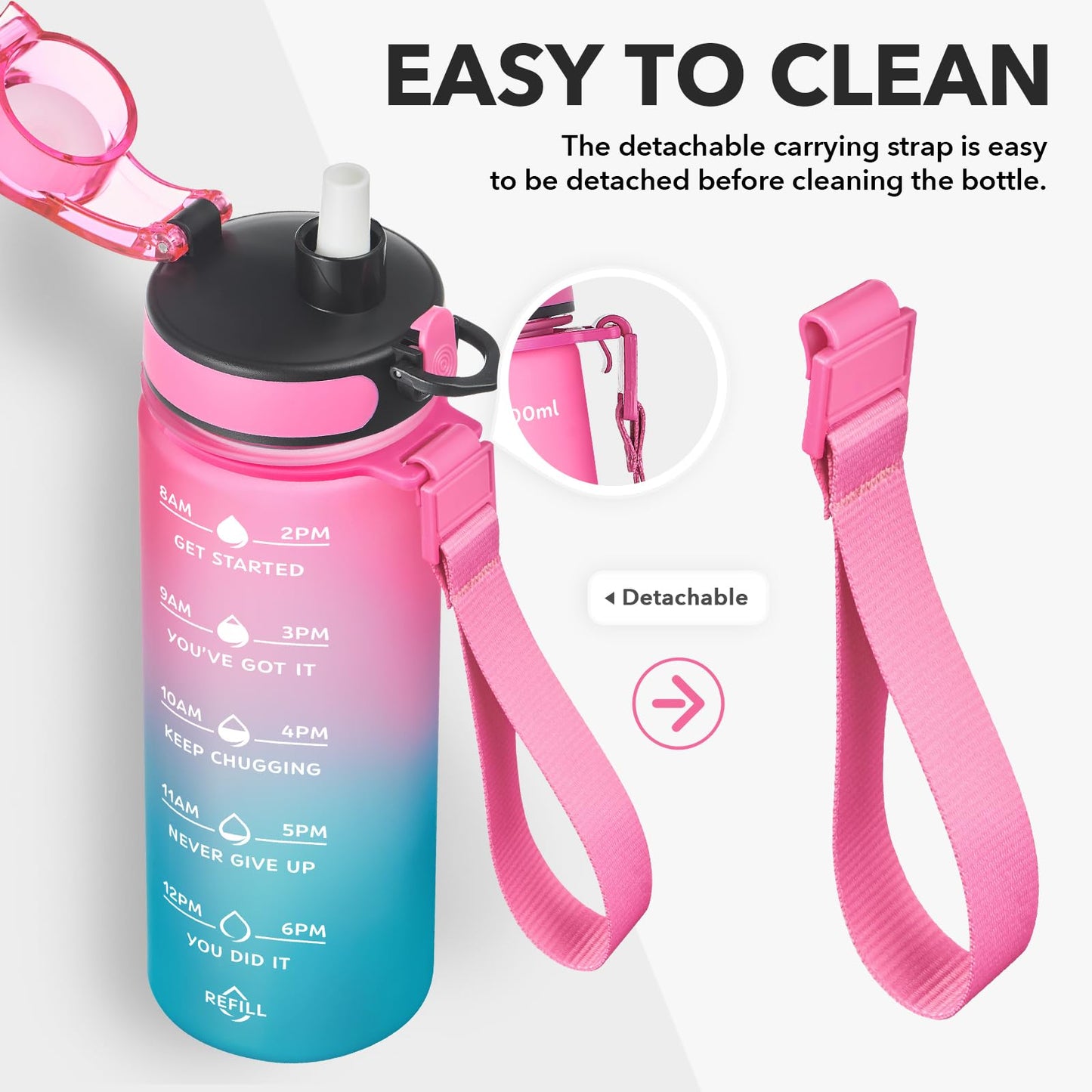 Enerbone Leak-Proof BPA-Free Motivational Water Bottle with Straw and Time Markers, Fitness Sports Bottle with Strap for Office, Gym, Outdoors