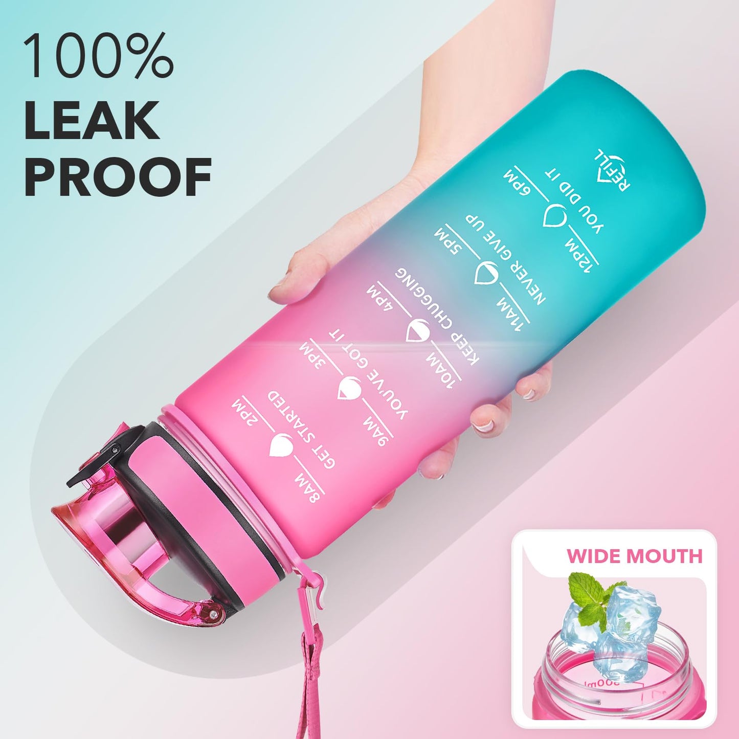 Enerbone Leak-Proof BPA-Free Motivational Water Bottle with Straw and Time Markers, Fitness Sports Bottle with Strap for Office, Gym, Outdoors