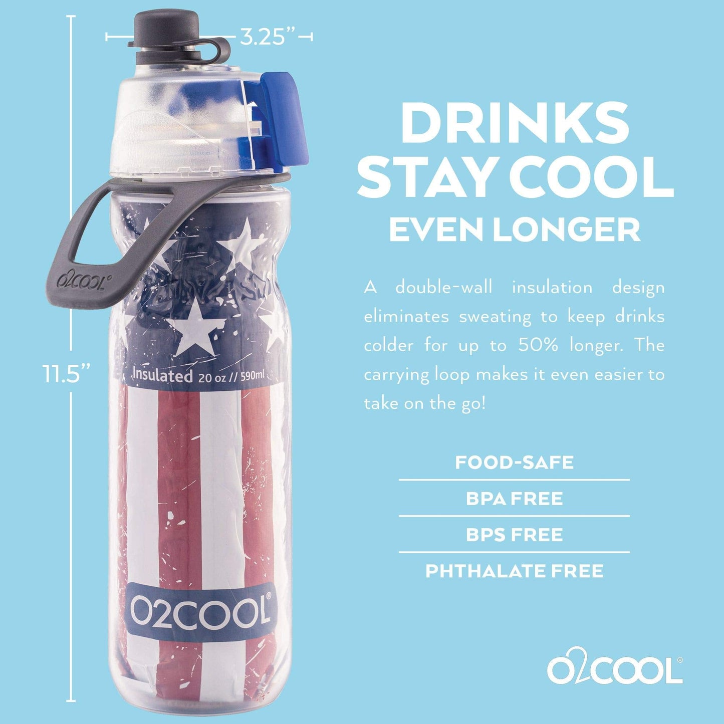 20 oz O2COOL Mist 'N Sip Water Bottle, 2-in-1 Mist and Sip, No-Leak Pull Top Spout, Reusable Sports Bottle, Patriot