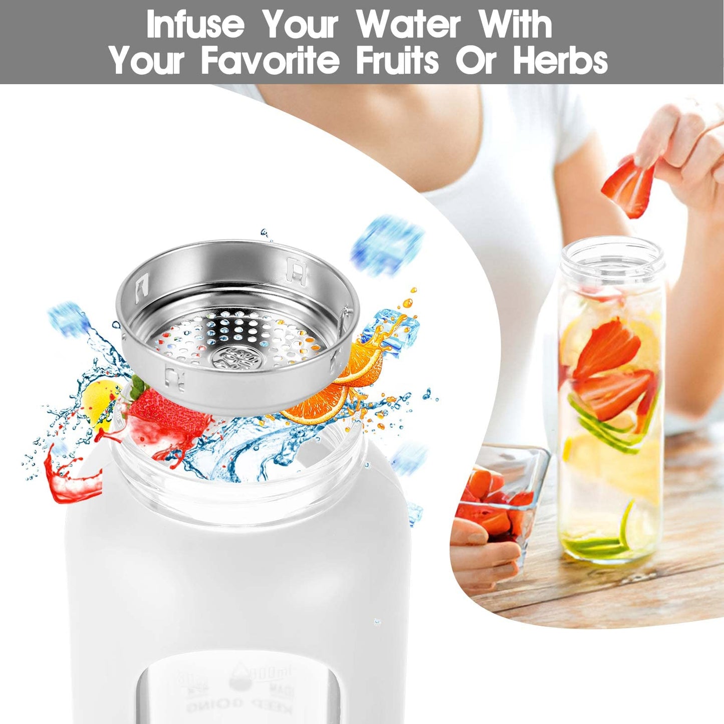 32 oz Glass Water Bottle with Straw, Motivational Time Marker, Silicone Sleeve, Reusable Tumbler with 2 Bamboo Lids and Fruit Infuser, 1 Pack