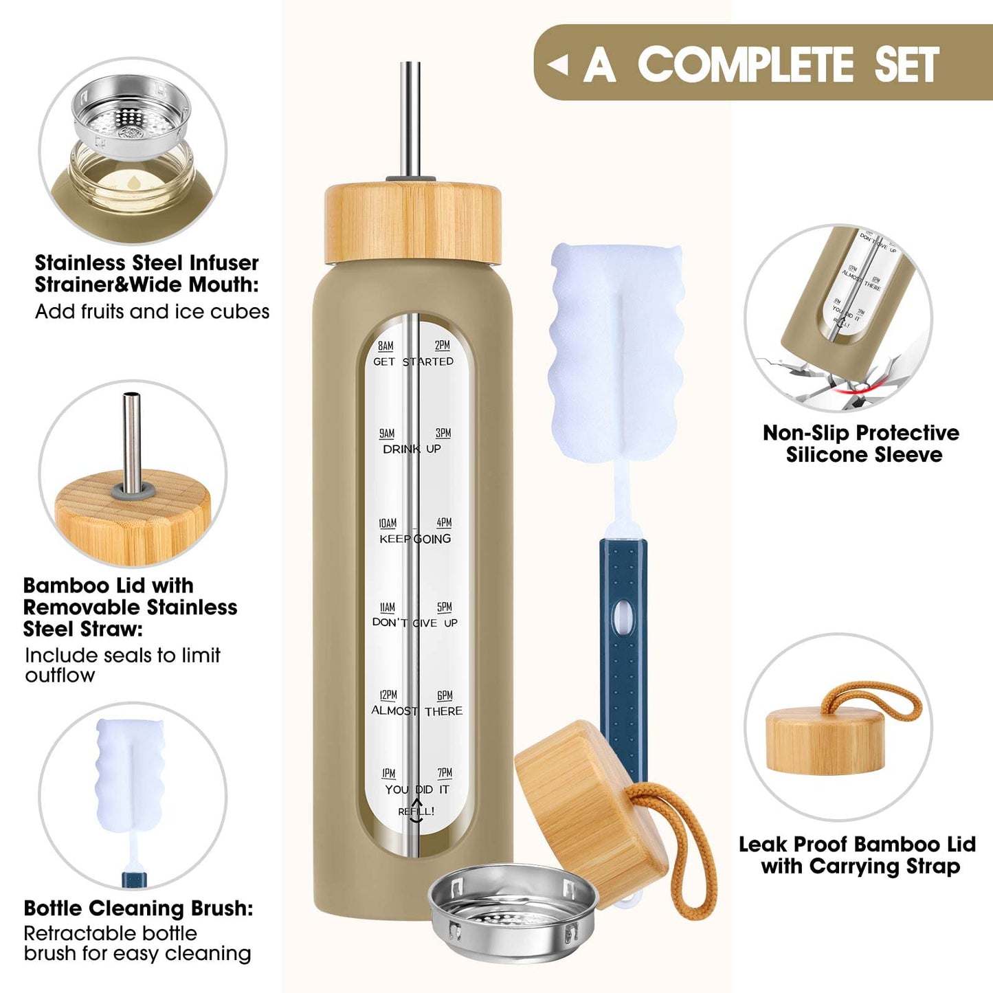 32 oz Glass Water Bottle with Straw, Motivational Time Marker, Silicone Sleeve, Reusable Tumbler with 2 Bamboo Lids and Fruit Infuser, 1 Pack