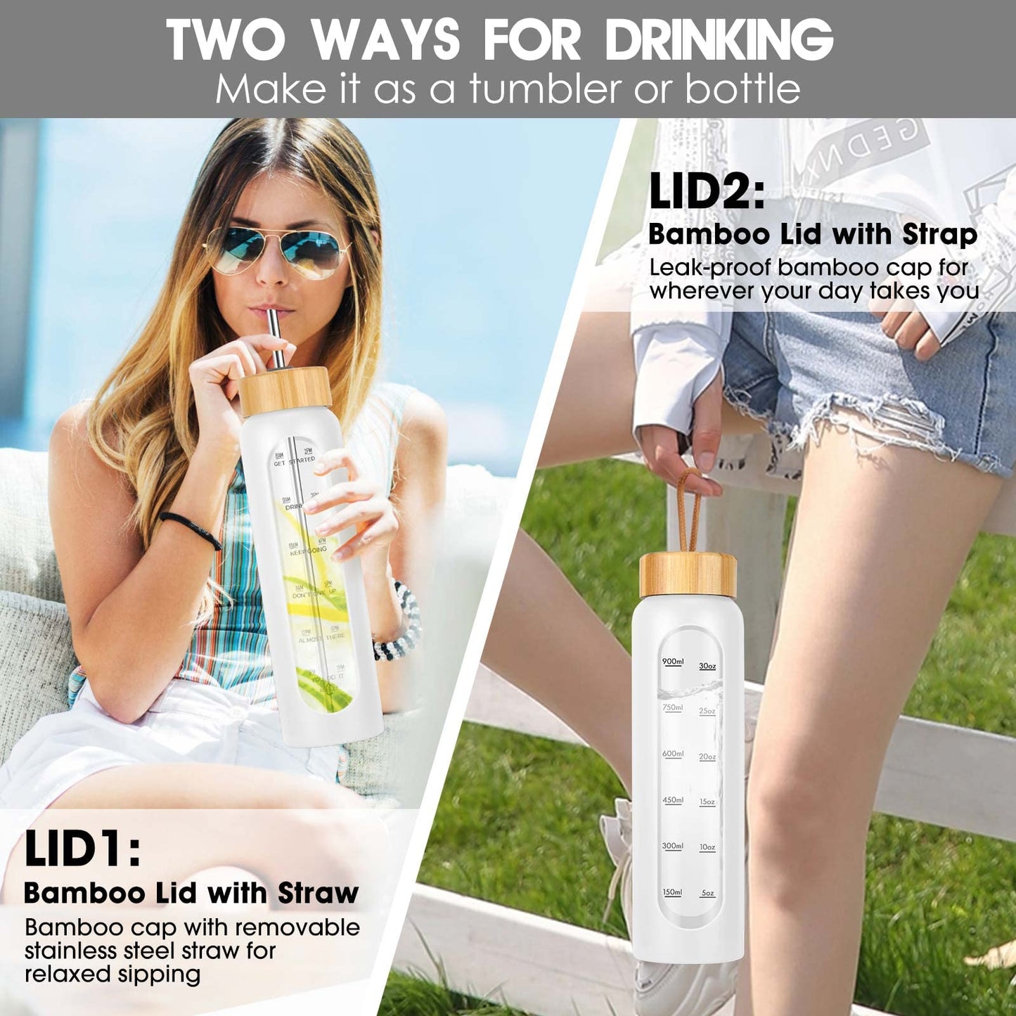 32 oz Glass Water Bottle with Straw, Motivational Time Marker, Silicone Sleeve, Reusable Tumbler with 2 Bamboo Lids and Fruit Infuser, 1 Pack