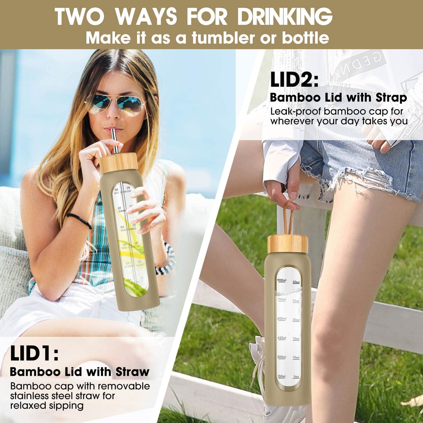 32 oz Glass Water Bottle with Straw, Motivational Time Marker, Silicone Sleeve, Reusable Tumbler with 2 Bamboo Lids and Fruit Infuser, 1 Pack