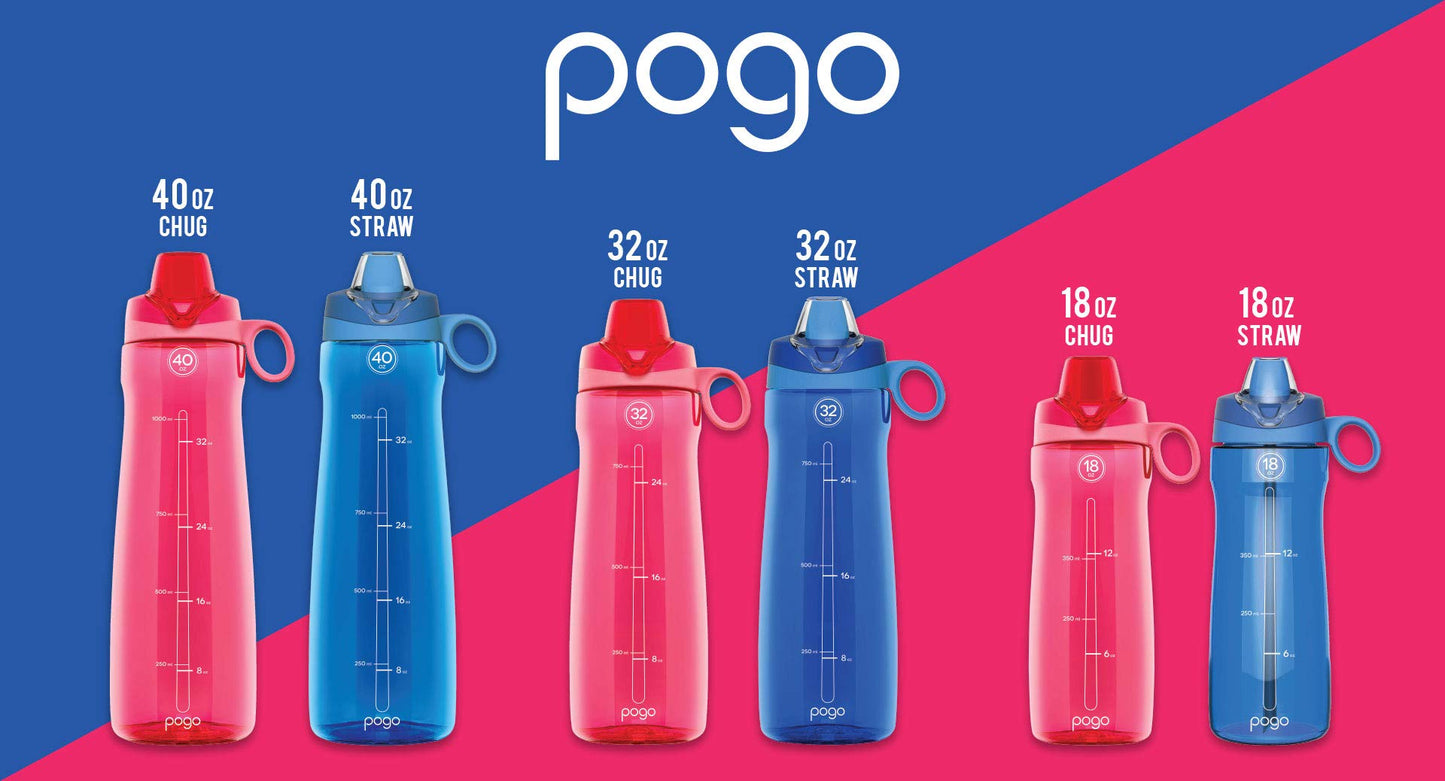 Pogo Plastic Water Bottle with Straw Lid and Carry Handle, Reusable, BPA-Free, Dishwasher Safe, Travel, School, Outdoors, Gym, 32 oz & 40 oz