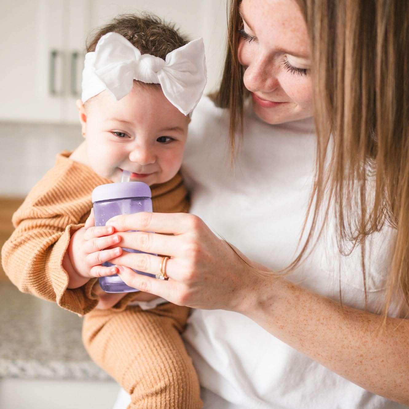 3 Pack 7 oz The First Years Squeeze & Sip Toddler Straw Cups, Squeezable Transition Sippy Cups with Silicone Straw, Pink, Purple, Blue, Ages 6 Months+
