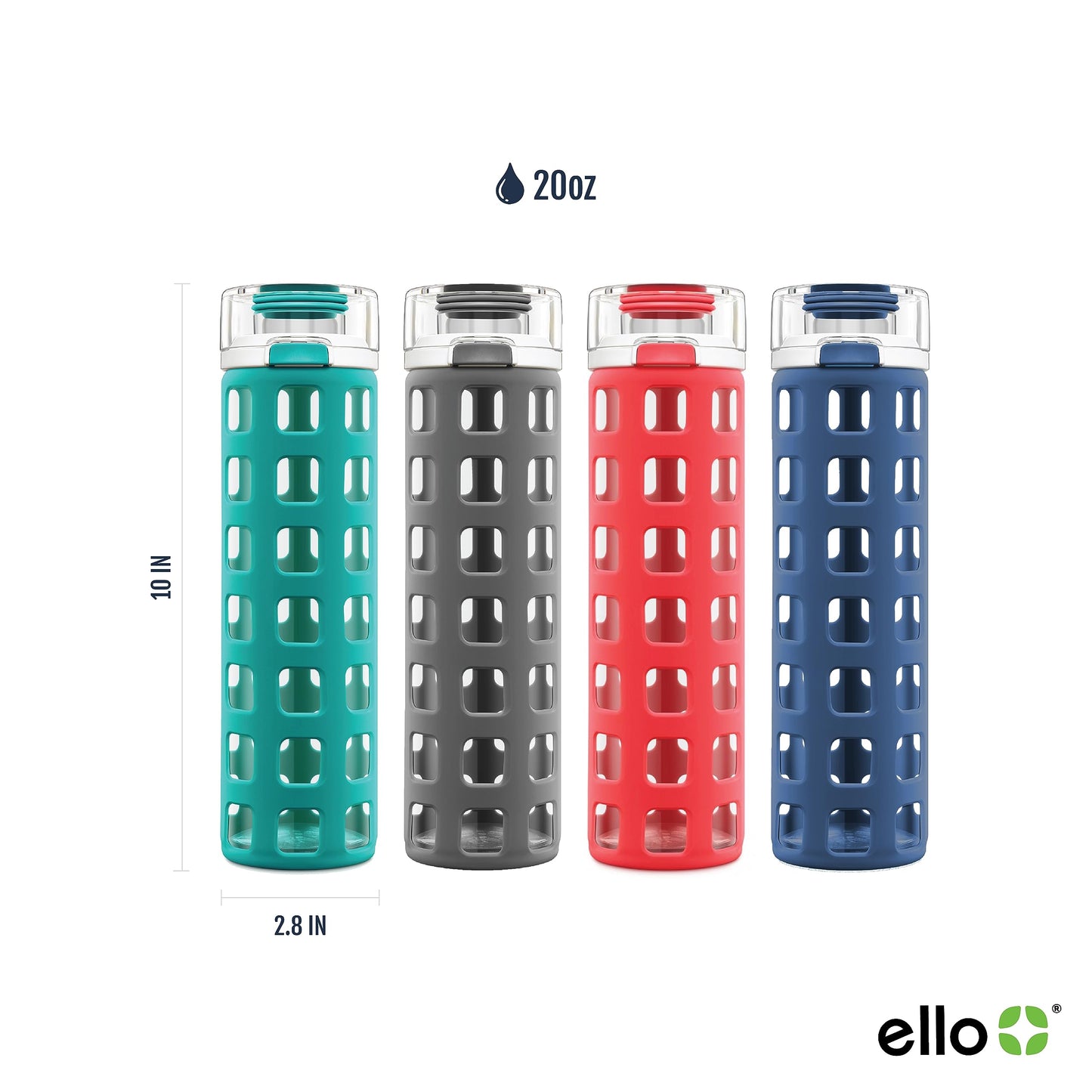 20 oz Ello Syndicate Reusable Glass Water Bottle with One-Touch Leak-Proof Flip Lid, Non-Slip Silicone Sleeve, Carry Loop, BPA-Free, Dishwasher Safe, Bold Blue