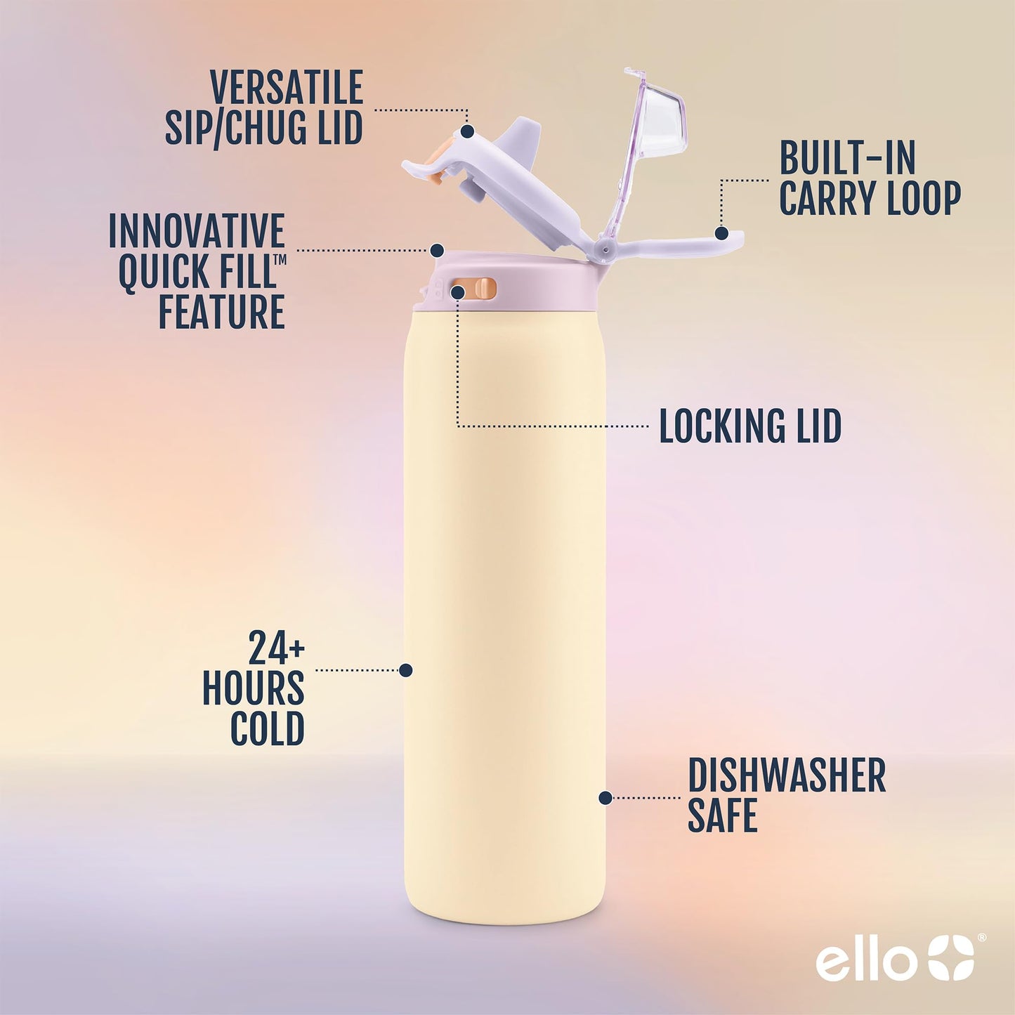 24 oz Insulated Stainless Steel Water Bottle for Teens, 2-in-1 Straw Spout Lid, Leak-Proof, BPA-Free, Cold 24H, Lilac Mood, School, Trekking, Hiking