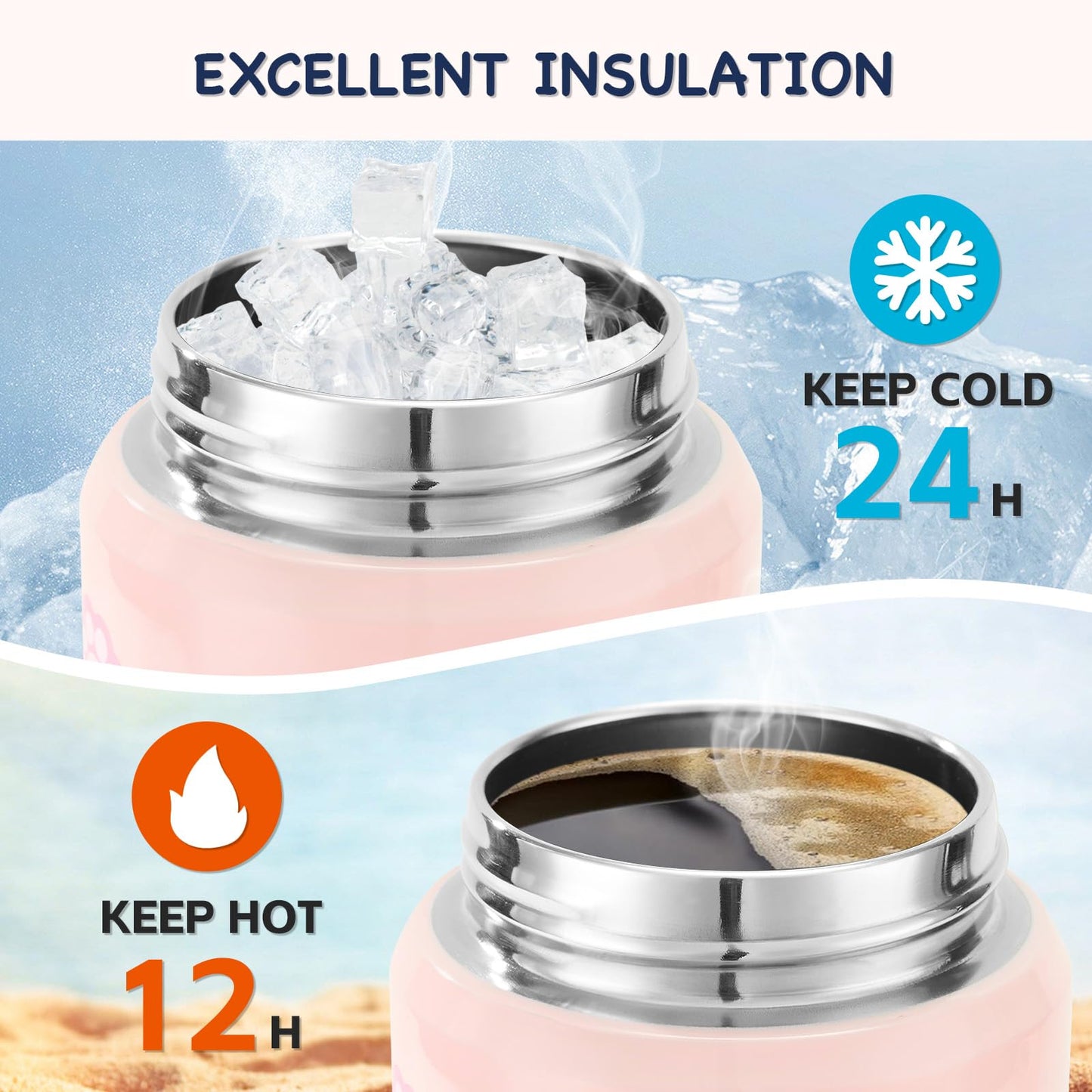 12 oz Kerilyn Kids Stainless Steel Insulated Water Bottle with Straw, Leak-Proof, BPA-Free, Kitty Design, Toddler Cup for School Boys & Girls