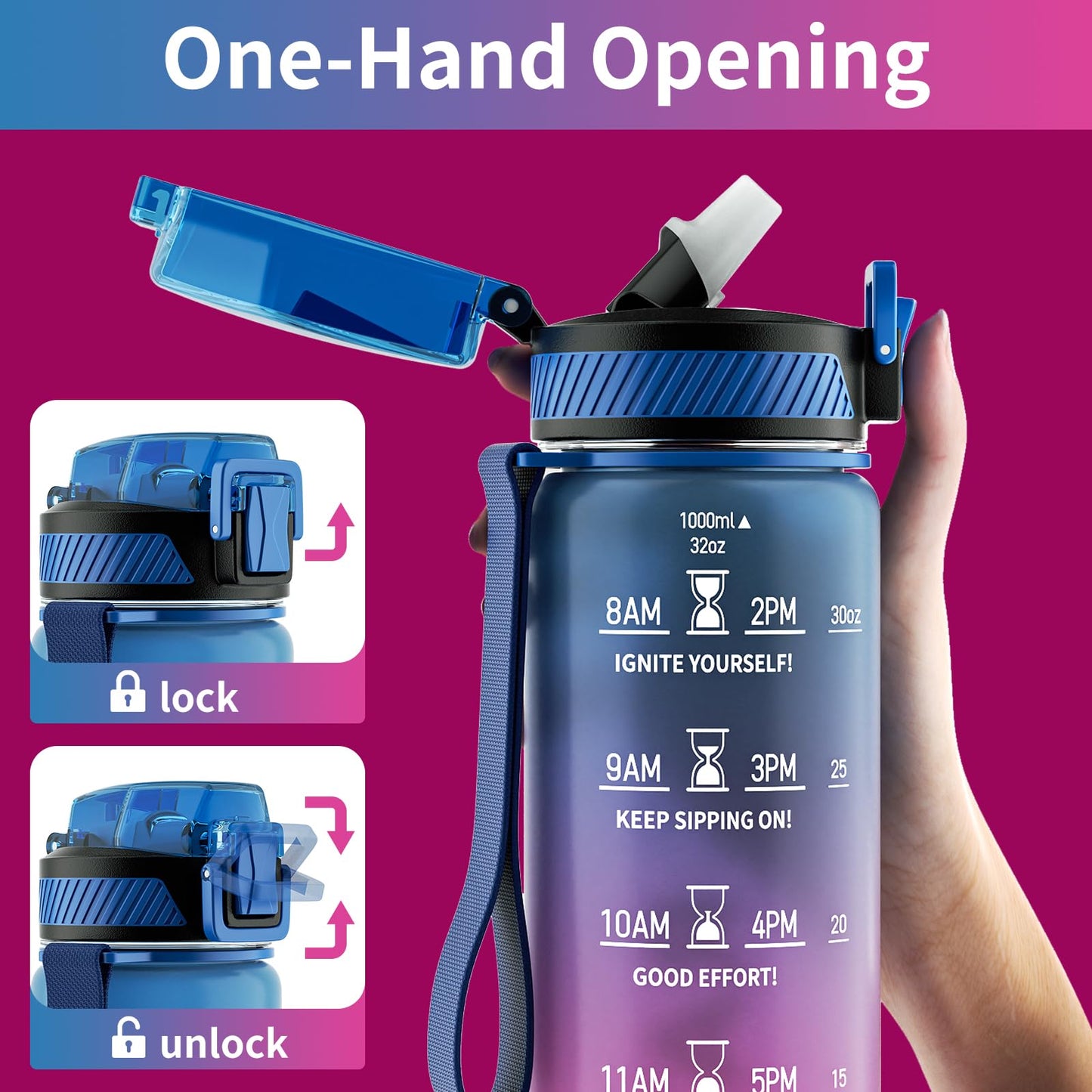 32 oz Motivational Water Bottle with Straw, Time Marker, BPA-Free Tritan, 1L Leak-Proof Sports Bottle with Carry Strap for Women, Gym, Fitness, Outdoor