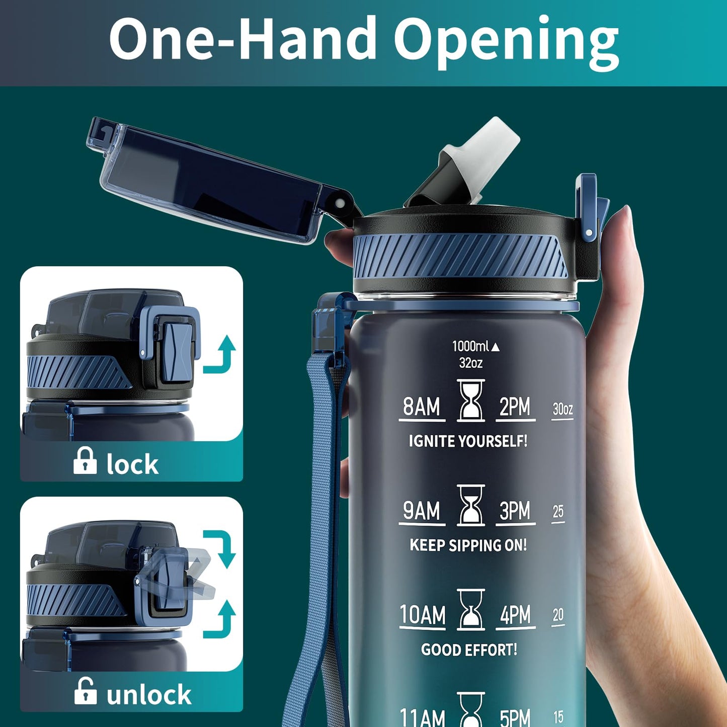 32 oz Motivational Water Bottle with Straw, Time Marker, BPA-Free Tritan, 1L Leak-Proof Sports Bottle with Carry Strap for Women, Gym, Fitness, Outdoor