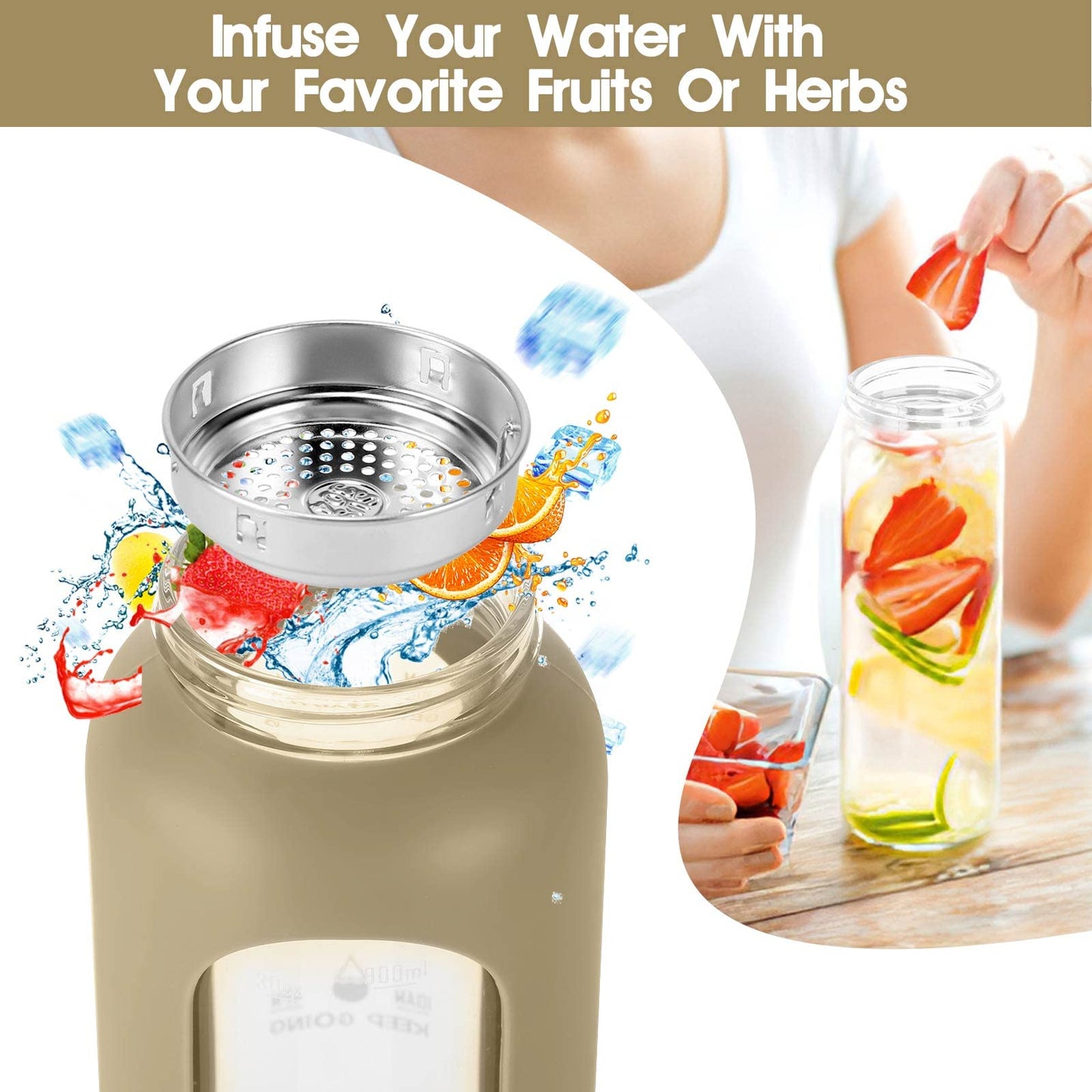 32 oz Glass Water Bottle with Straw, Motivational Time Marker, Silicone Sleeve, Reusable Tumbler with 2 Bamboo Lids and Fruit Infuser, 1 Pack