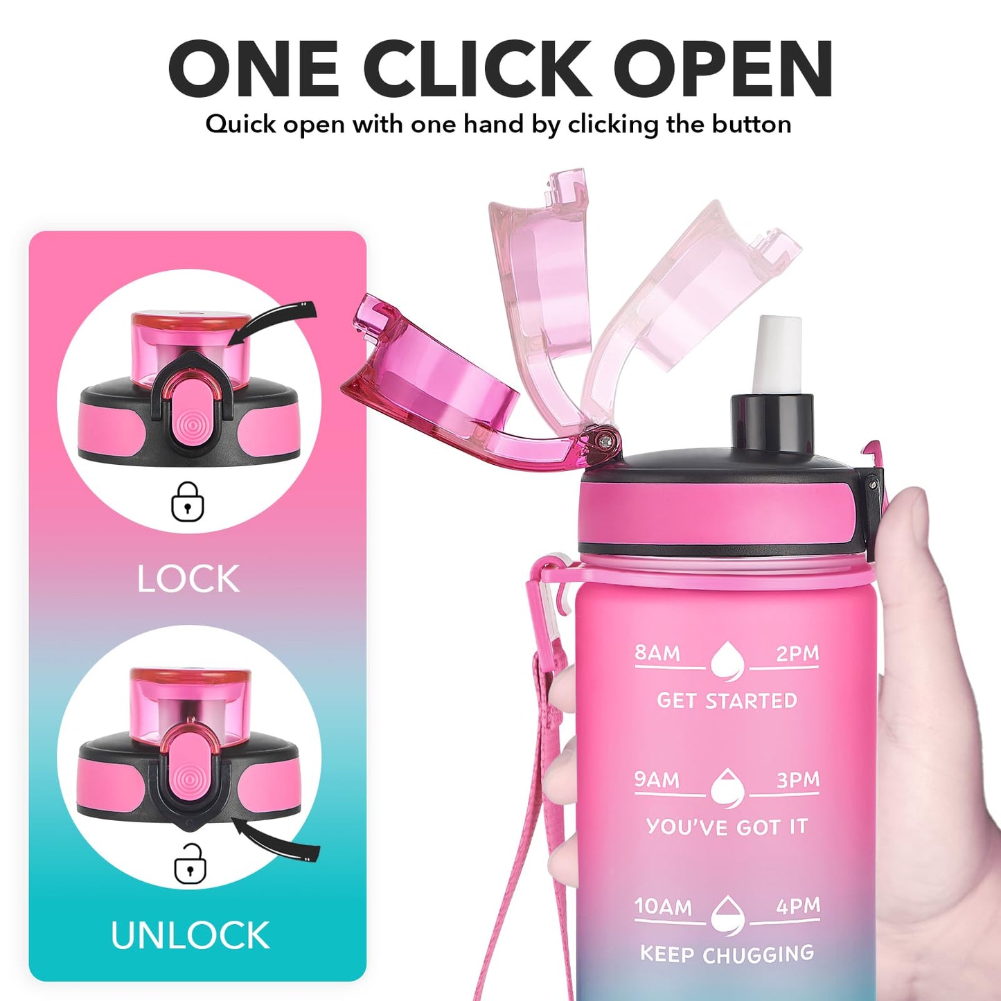 Enerbone Leak-Proof BPA-Free Motivational Water Bottle with Straw and Time Markers, Fitness Sports Bottle with Strap for Office, Gym, Outdoors