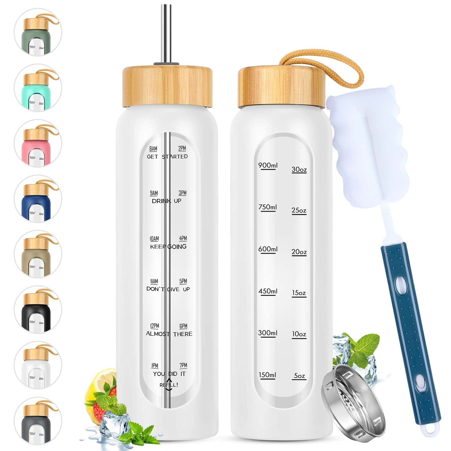 32 oz Glass Water Bottle with Straw, Motivational Time Marker, Silicone Sleeve, Reusable Tumbler with 2 Bamboo Lids and Fruit Infuser, 1 Pack