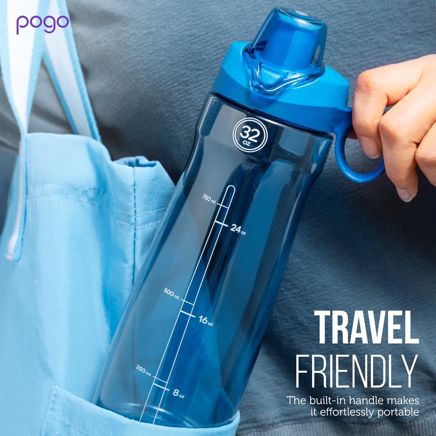 Pogo Plastic Water Bottle with Chug Lid and Carry Handle, Reusable, BPA-Free, Dishwasher Safe, Travel, School, Outdoors, Gym, 18 oz, 32 oz, 40 oz, 64 oz