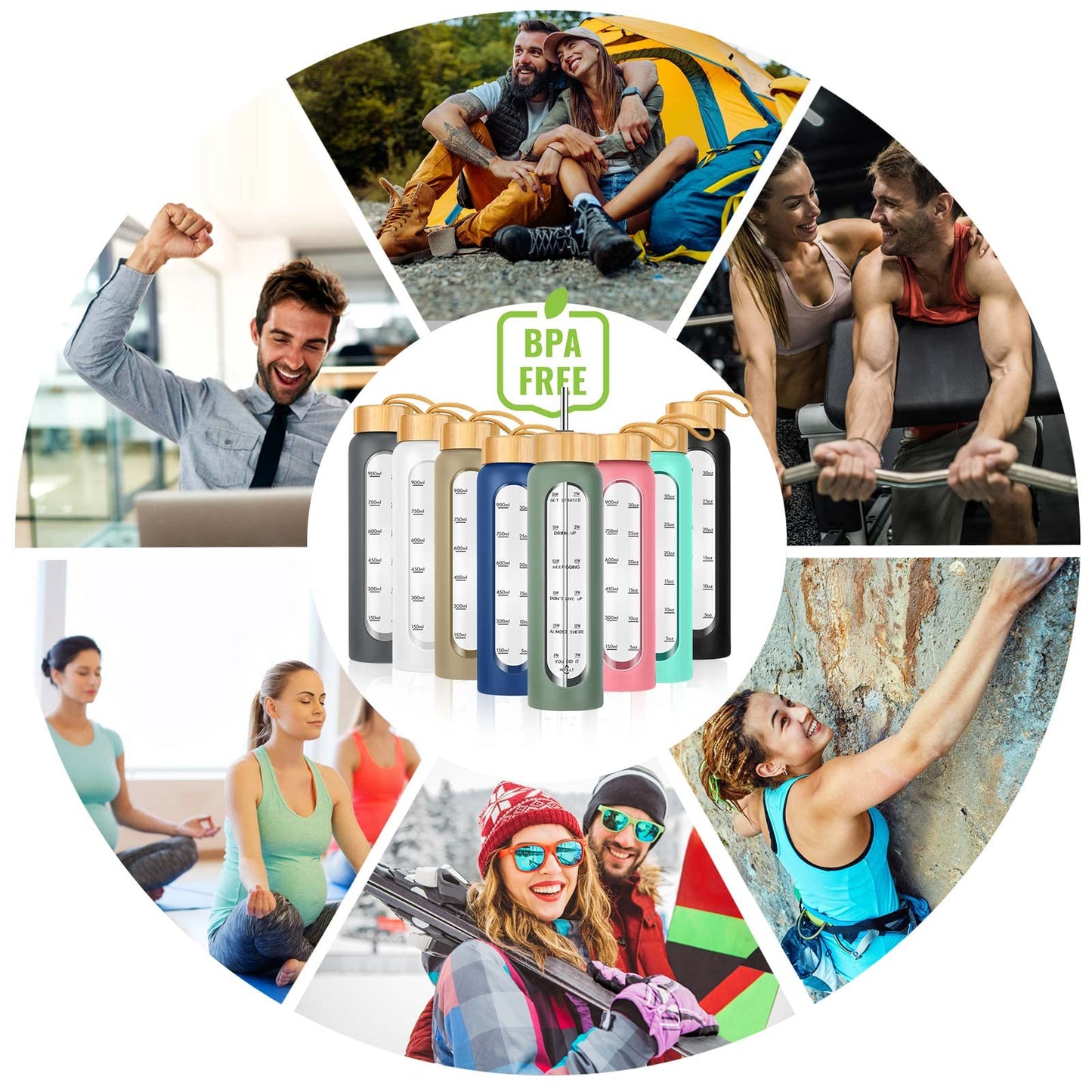 32 oz Glass Water Bottle with Straw - Motivational Time Marker & Silicone Sleeve - Reusable Tumbler Includes 2 Bamboo Lids & Fruit Infuser - 1 Pack