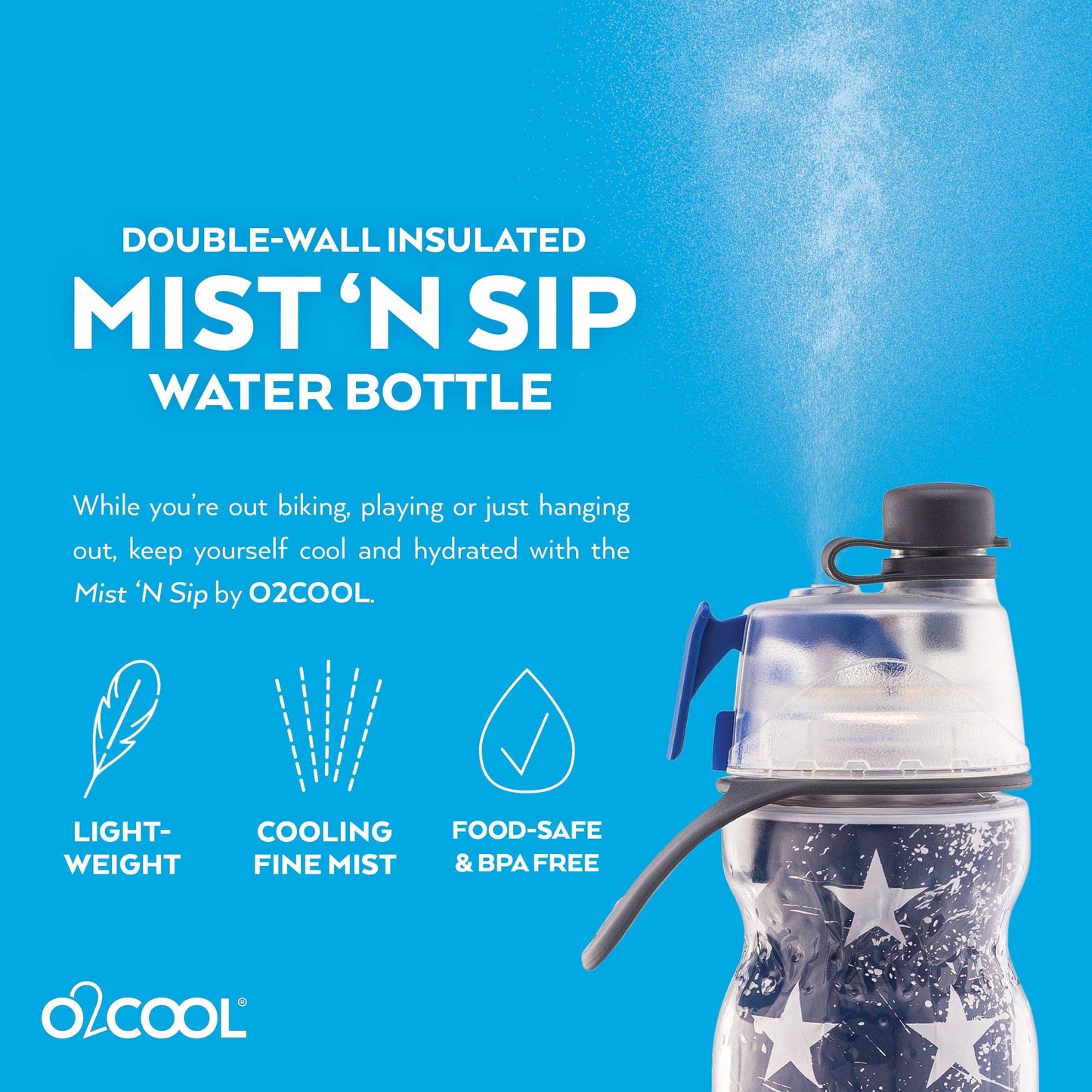20 oz O2COOL Mist 'N Sip Water Bottle, 2-in-1 Mist and Sip, No-Leak Pull Top Spout, Reusable Sports Bottle, Patriot