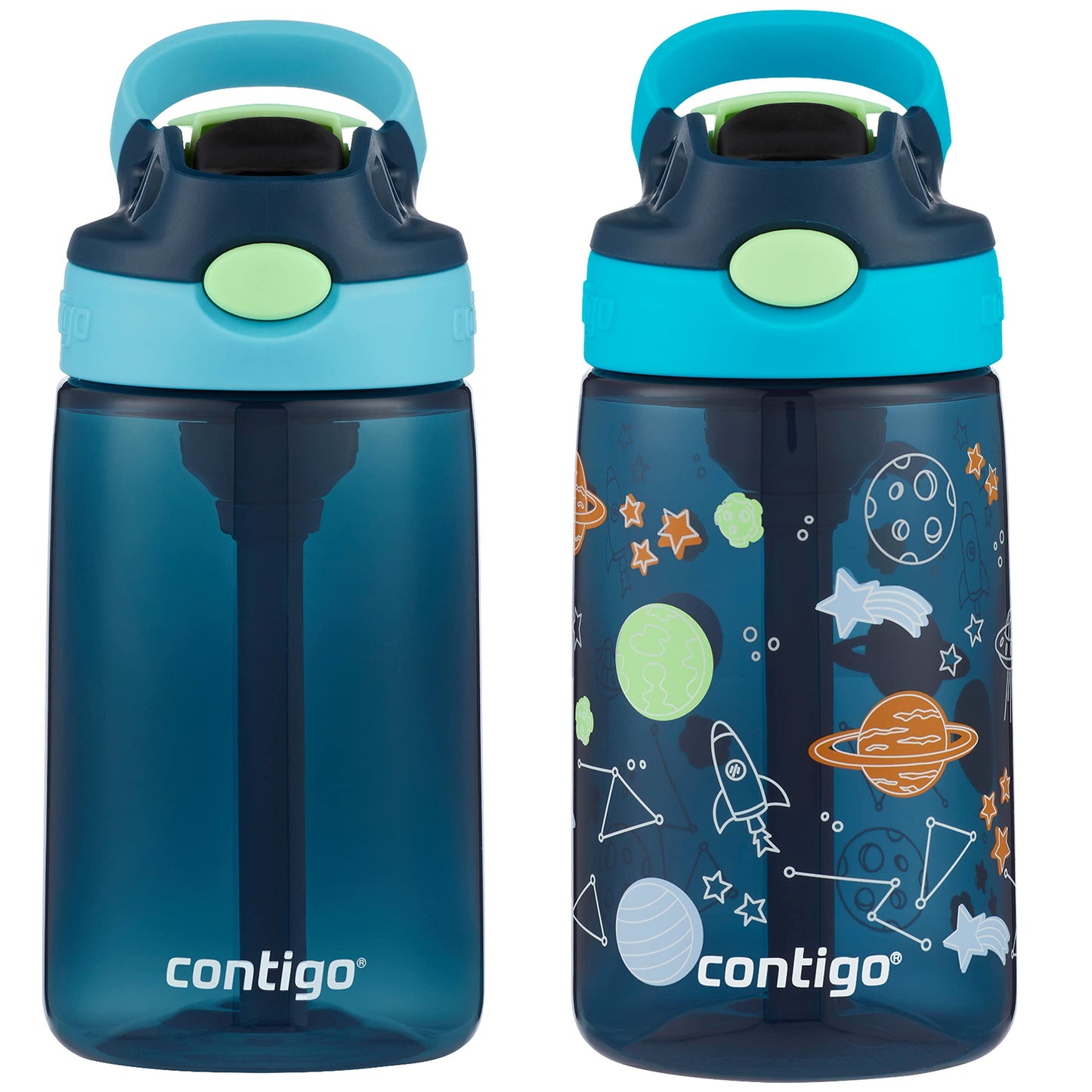 2 Pack 14 oz Contigo Aubrey Kids Water Bottles with Silicone Straw and Spill-Proof Lid, Cheetahs & Toucans