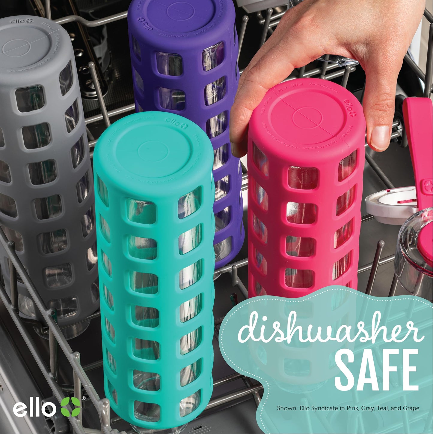 20 oz Ello Syndicate Reusable Glass Water Bottle with One-Touch Leak-Proof Flip Lid, Non-Slip Silicone Sleeve, Carry Loop, BPA-Free, Dishwasher Safe, Celeste